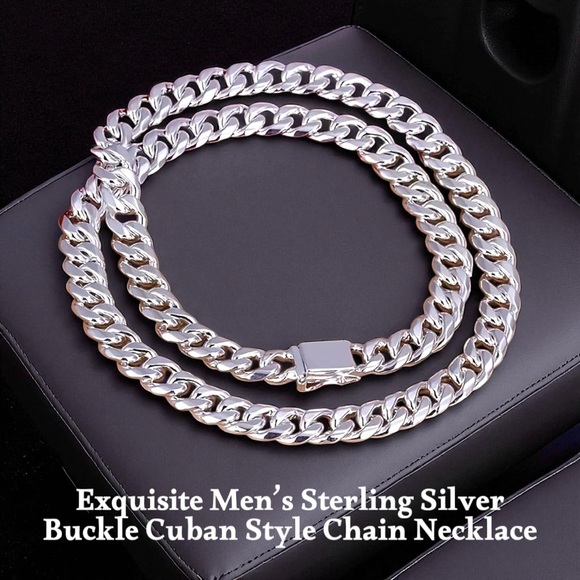 Exquisite Men's (Unisex) Sterling Silver Buckle Chain Cuban Style Necklace - Picture 1 of 7